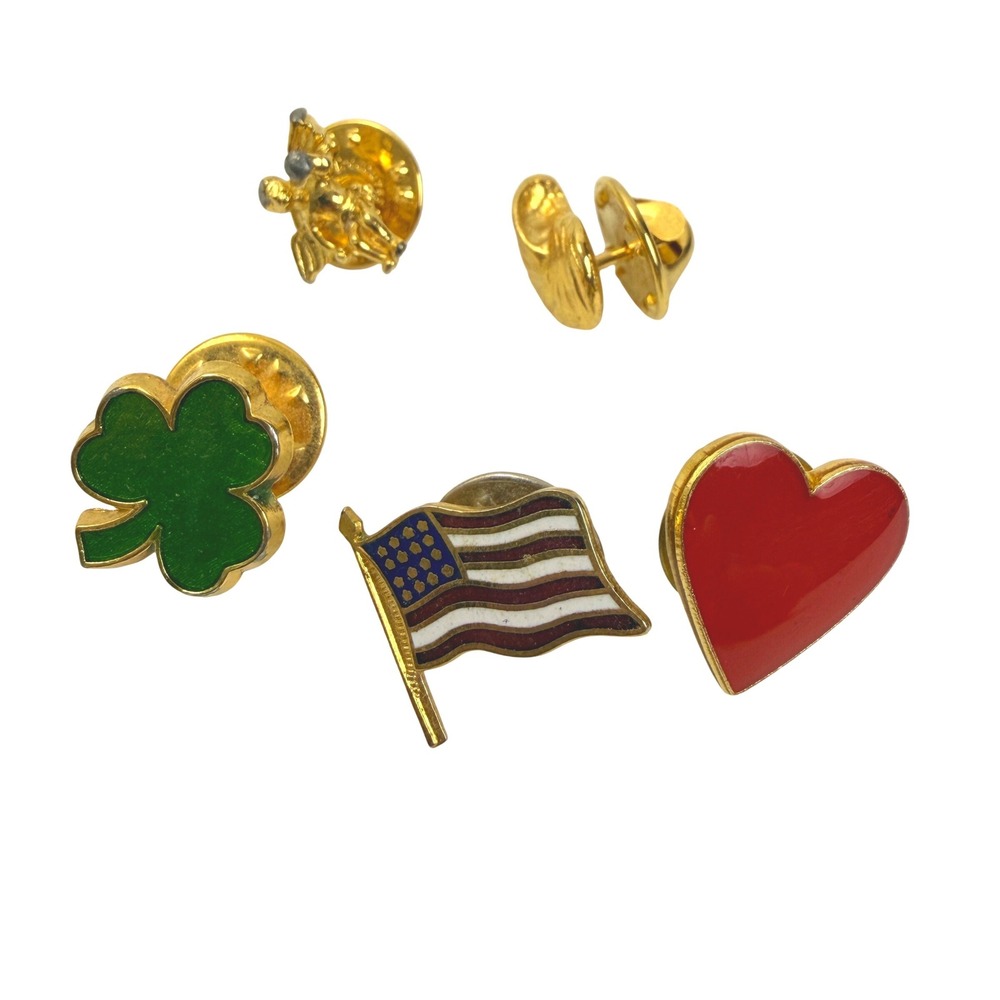 Vintage Enamel Lapel Pin Lot Heart Shamrock USA Flag Angel Mixed Jewelry
